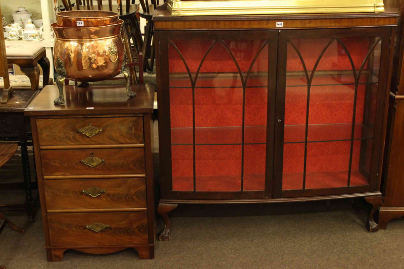 Victorian mahogany four drawer pedestal chest, early 20th century mahogany two door china cabinet and set of four Ercol Quaker back dining chairs (6)