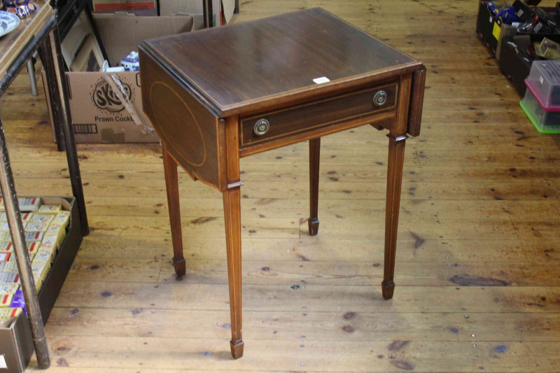 Late 19th Century inlaid mahogany Pembroke table on square tapering legs to spade feet